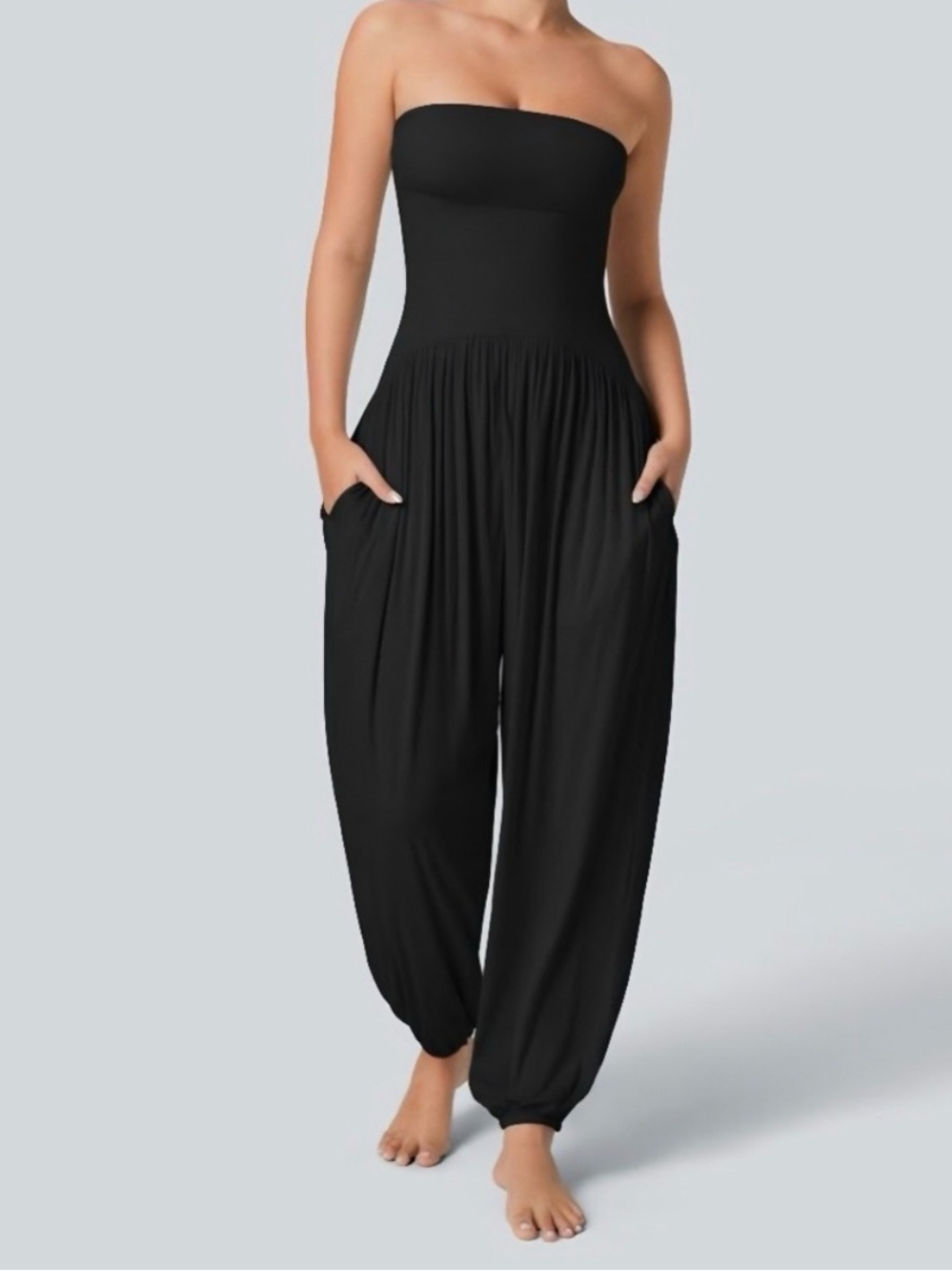HALARA Black Strapless Harem Jumpsuit with Pockets PETITE LARGE